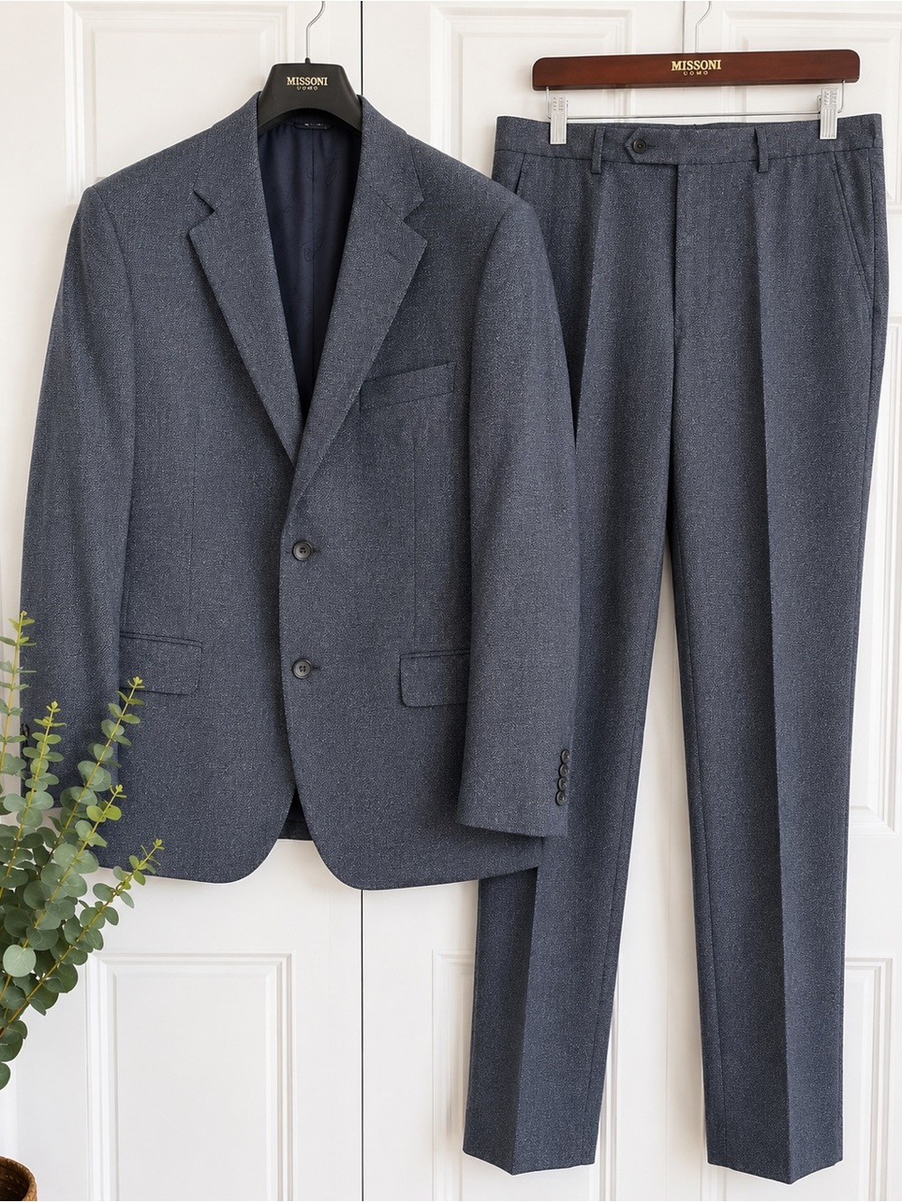 Missoni Uomo Made in Italy 2-Piece Wool Suit Gray Blue Birdseye Blazer & Pants